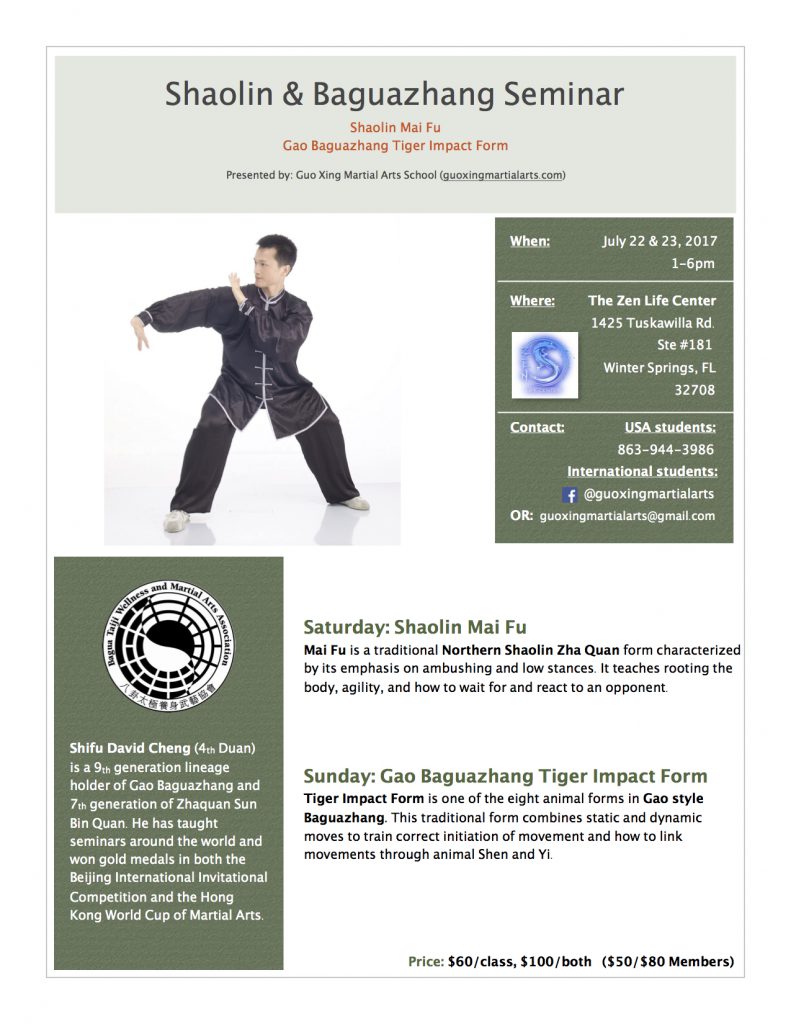Shaolin mai fu and gao bagua zhang tiger impact form seminars